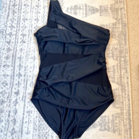 Black One Shoulder Mesh One Piece Swimsuit - Picture 1 of 8